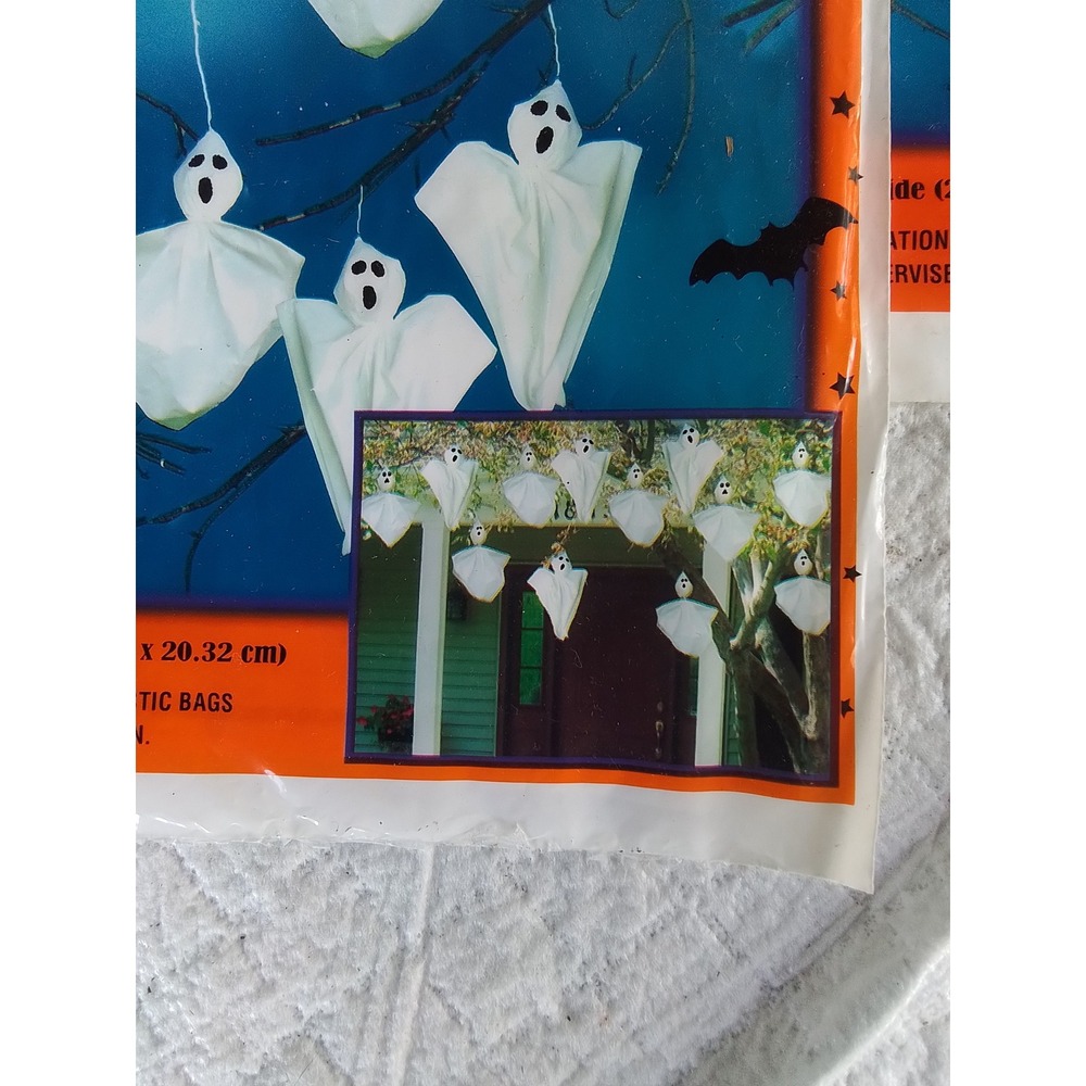 Vintage Halloween Decor Lot 24 Hanging Ghosts & 10 Pumpkin Leaf Bags Kmart New - Picture 2 of 4